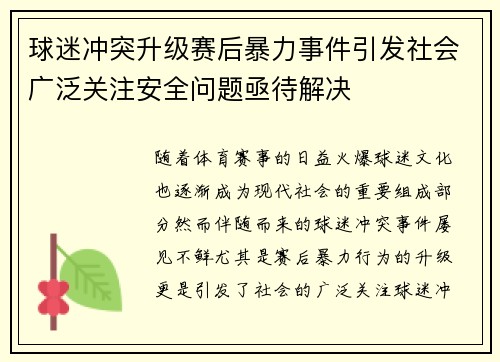 球迷冲突升级赛后暴力事件引发社会广泛关注安全问题亟待解决