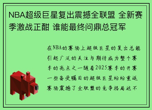 NBA超级巨星复出震撼全联盟 全新赛季激战正酣 谁能最终问鼎总冠军